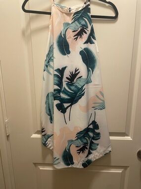 Tropical Leaf Print Halter Dress — Teal & Blush